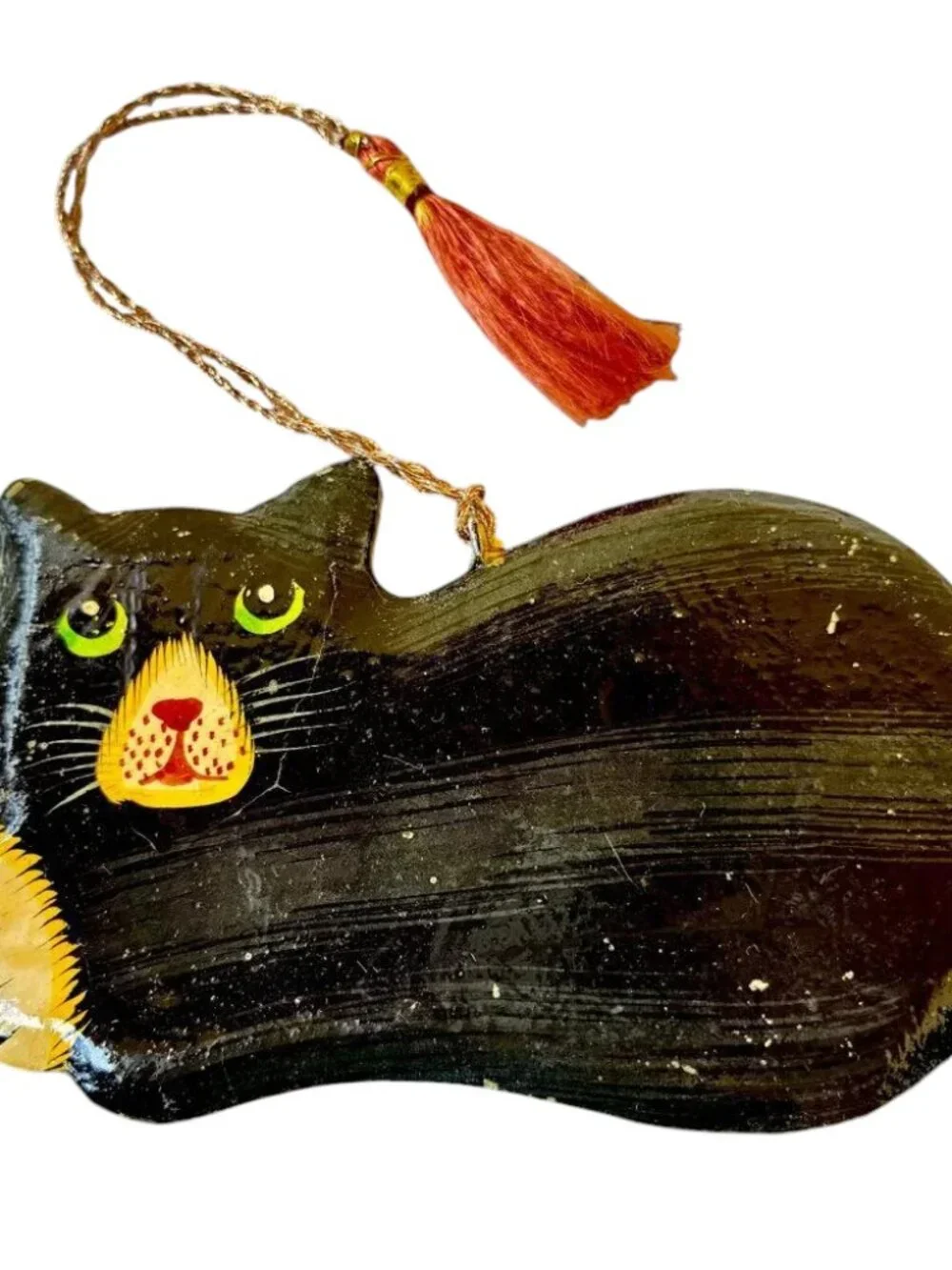 Vintage Wood Black Cat Christmas Hanging Ornament Hand Painted DOUBLE SIDED